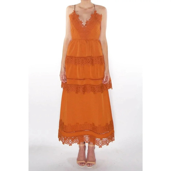 Self-Portrait Ivy Lace Trim Open-Back Midi Dress Burnt Orange  Size 8 - Picture 1 of 11